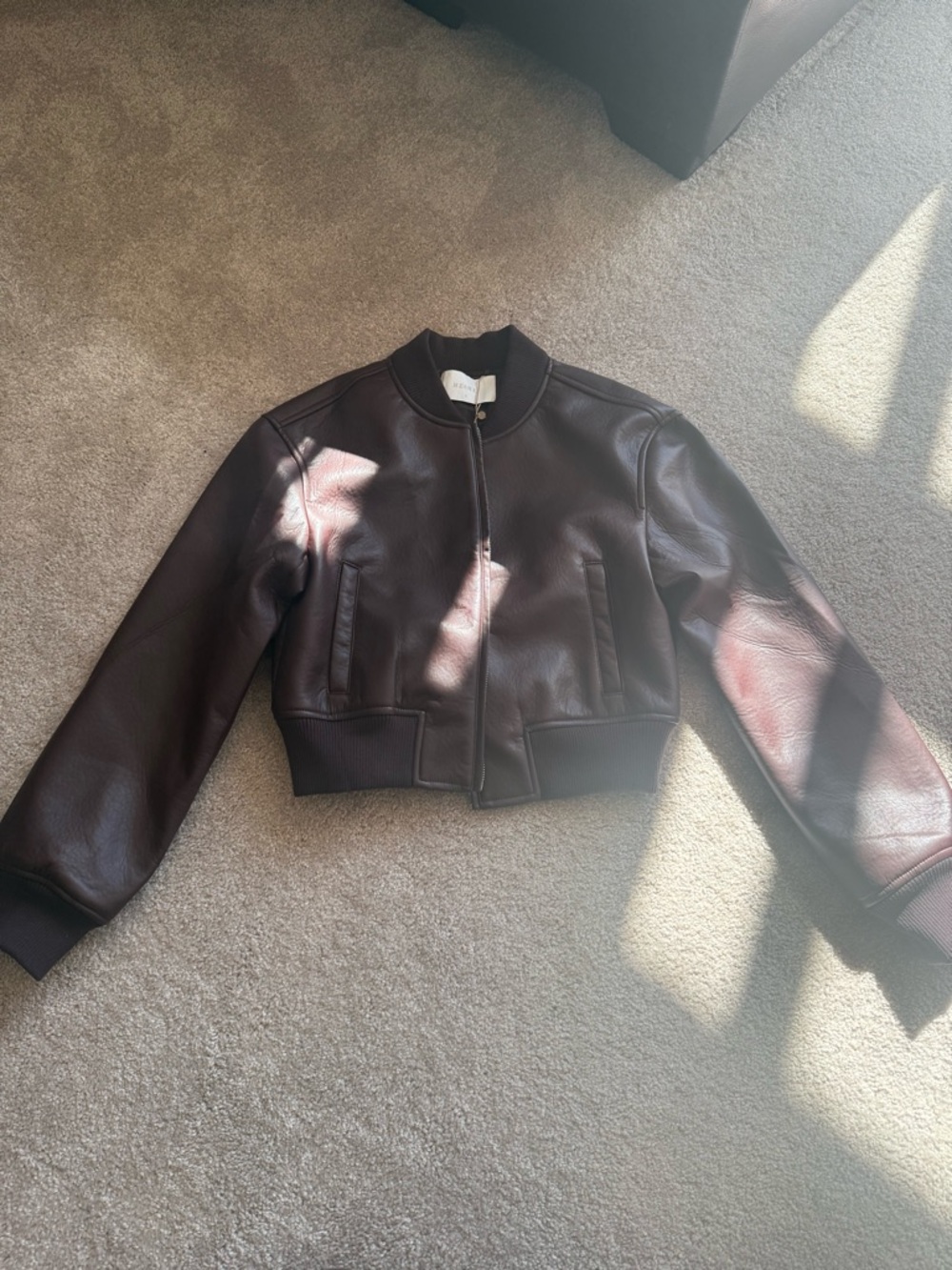 BRAND NEW Cropped Faux Leather Bomber Jacket - Dark Brown (Merlot)